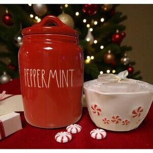 Rae Dunn MERRY CHRISTMAS Red/White Peppermint Canister + MEASURING Cup Set